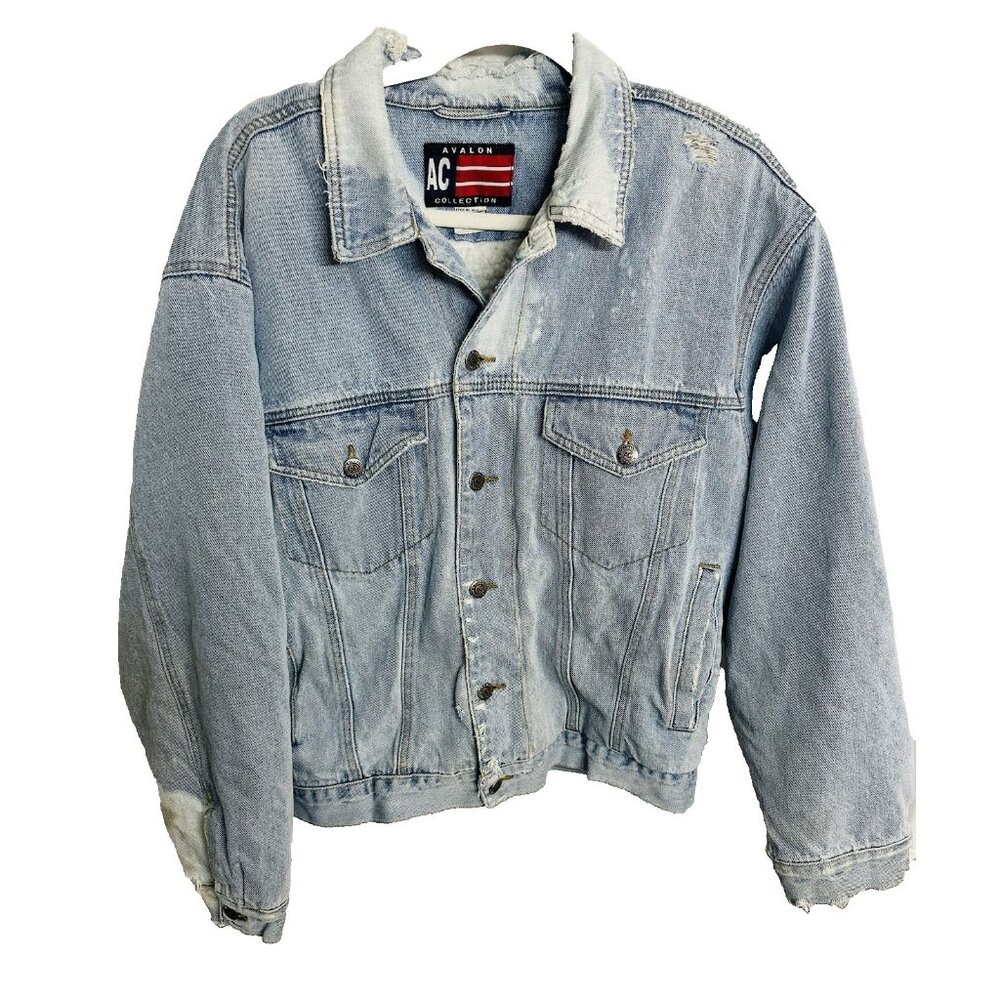 Avalon AC Collection Retro Sherpa Lined Denim Distressed Zombie Trucker Jacket L